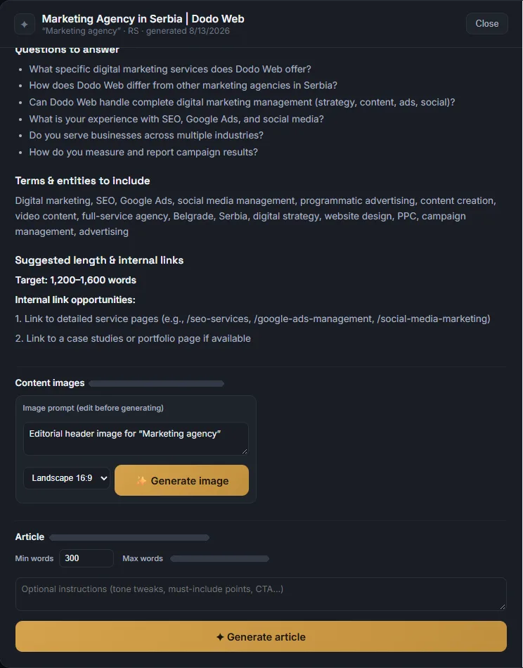 A content brief in the DodoWeb portal: questions to answer, terms to include, suggested length and internal links, with buttons to generate an image and an article