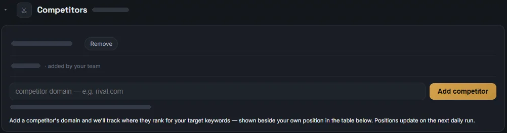 Competitor tracking in the DodoWeb portal: competitor websites listed next to your own