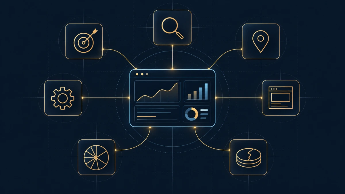 Illustration of seven icons around an ad dashboard, representing common Google Ads mistakes.