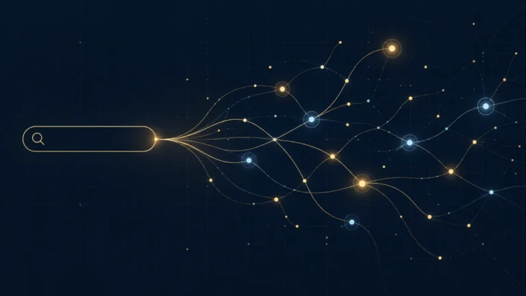 Abstract illustration of a search bar branching into a network of connected sources, a few of them highlighted.